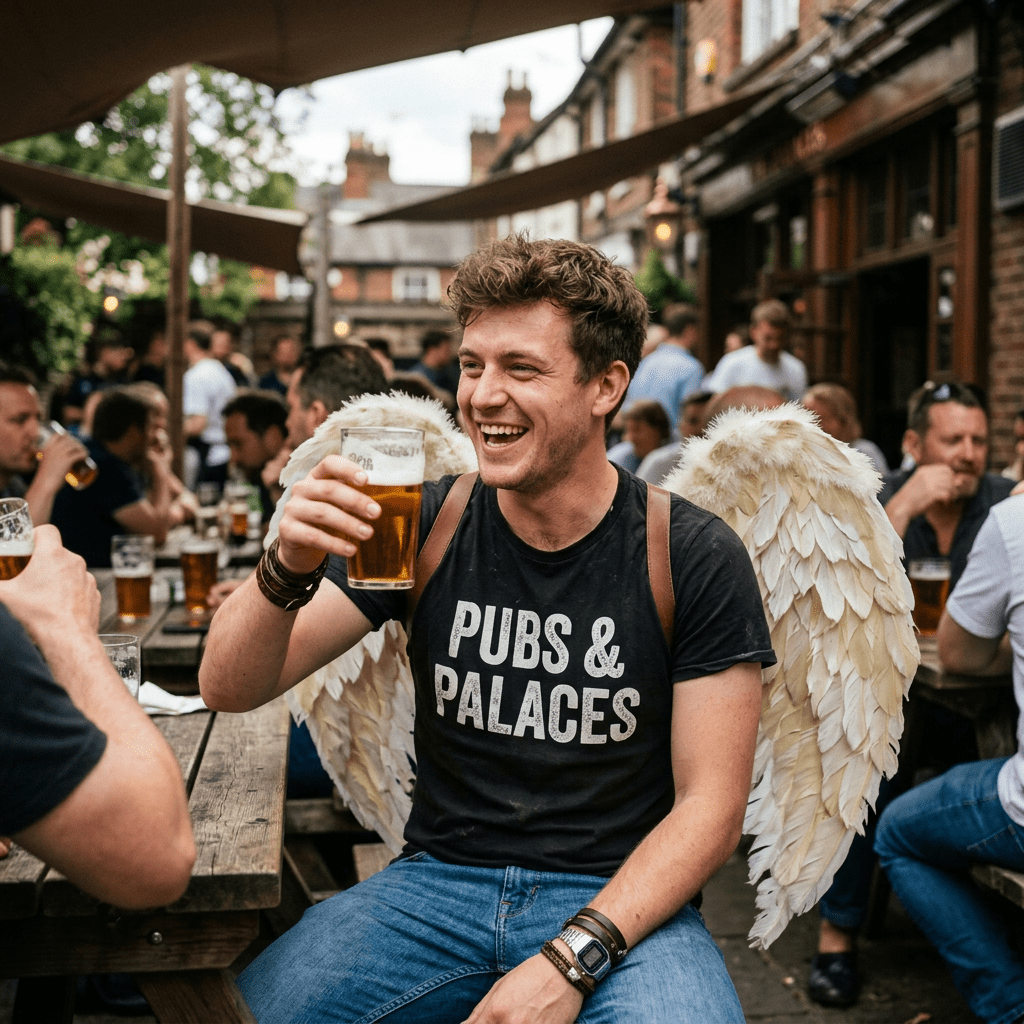 Current image: Smiling man with angel wings holding a pint of beer at a crowded outdoor pub.