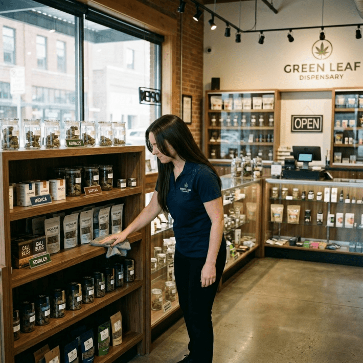 Employee cleaning shelves with cannabis products in a dispensary