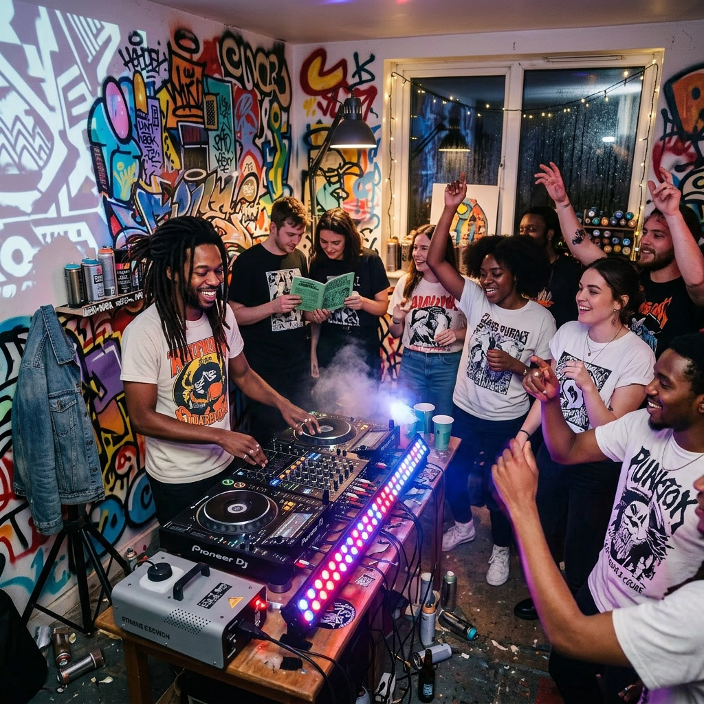 Current image: Man reading a fanzine in a creative studio with graffiti walls and turntables
