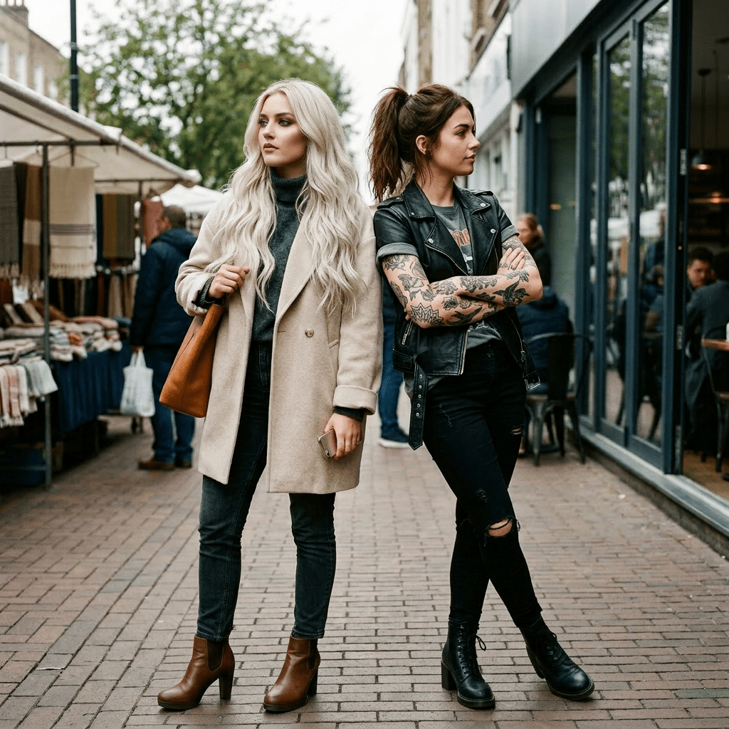 Two women standing on a city sidewalk, one wearing a beige coat and brown boots, the other in a black leather jacket with tattoos and black boots