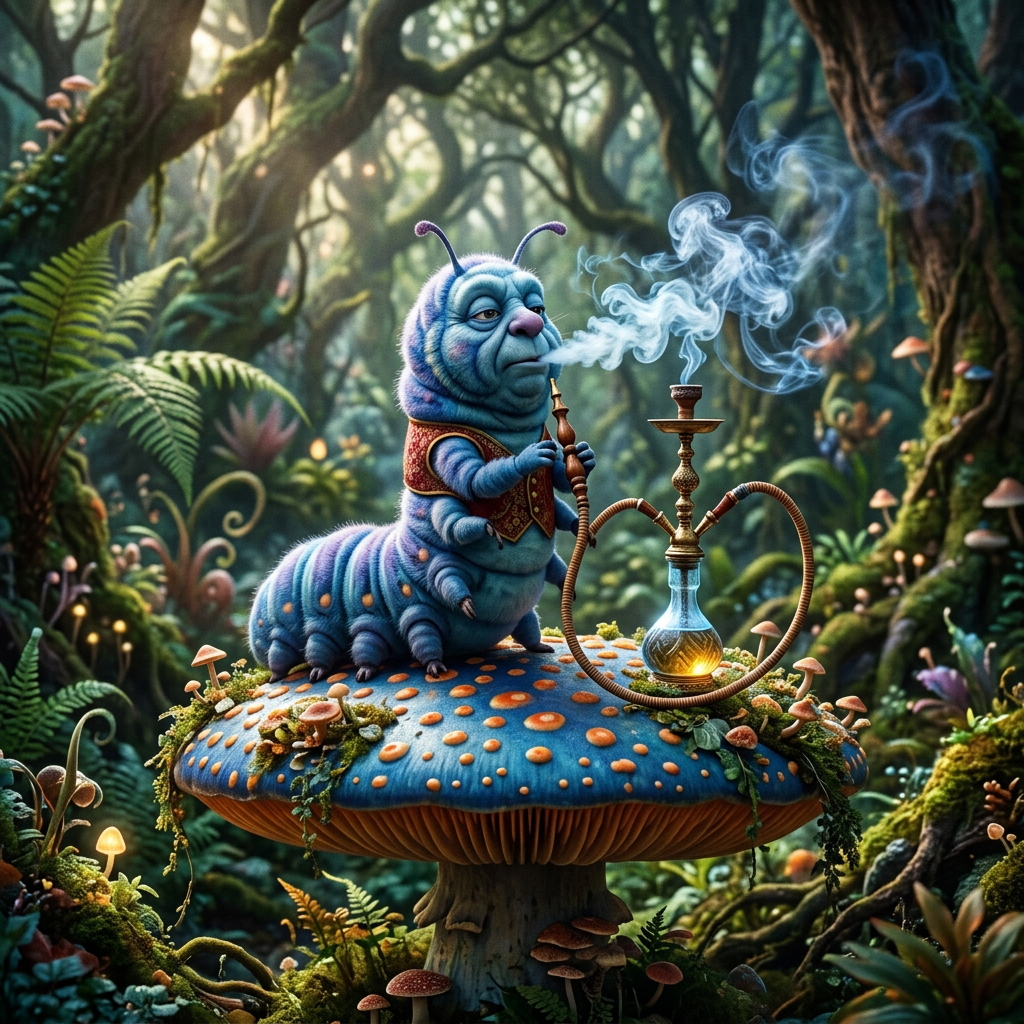 Blue caterpillar wearing vest smoking hookah on large spotted mushroom