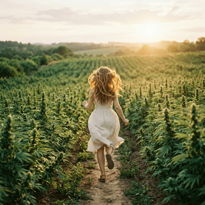 A girl in a white dress running down a dirt path between tall green plants in a field with sunset lighting